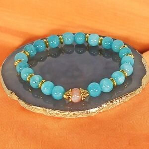 Teal Blue Chalcedony Sunstone Crystal Bracelet Pastel Southwest Cowgirl Cowboy